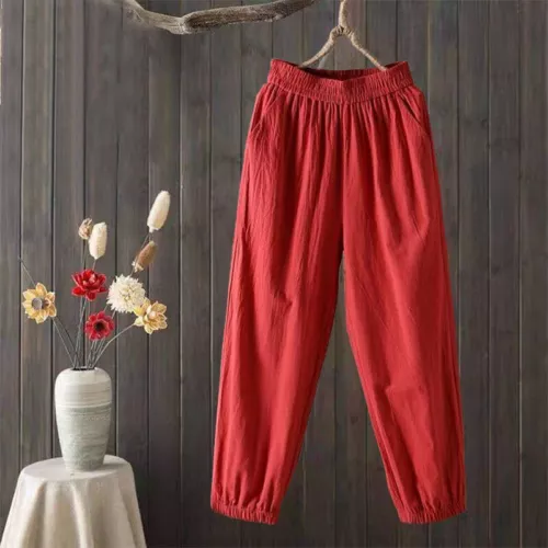 Retro Cotton Harem Pants with Pockets Women Elastic Waist Loose Casual Plus Size - Picture 5 of 22