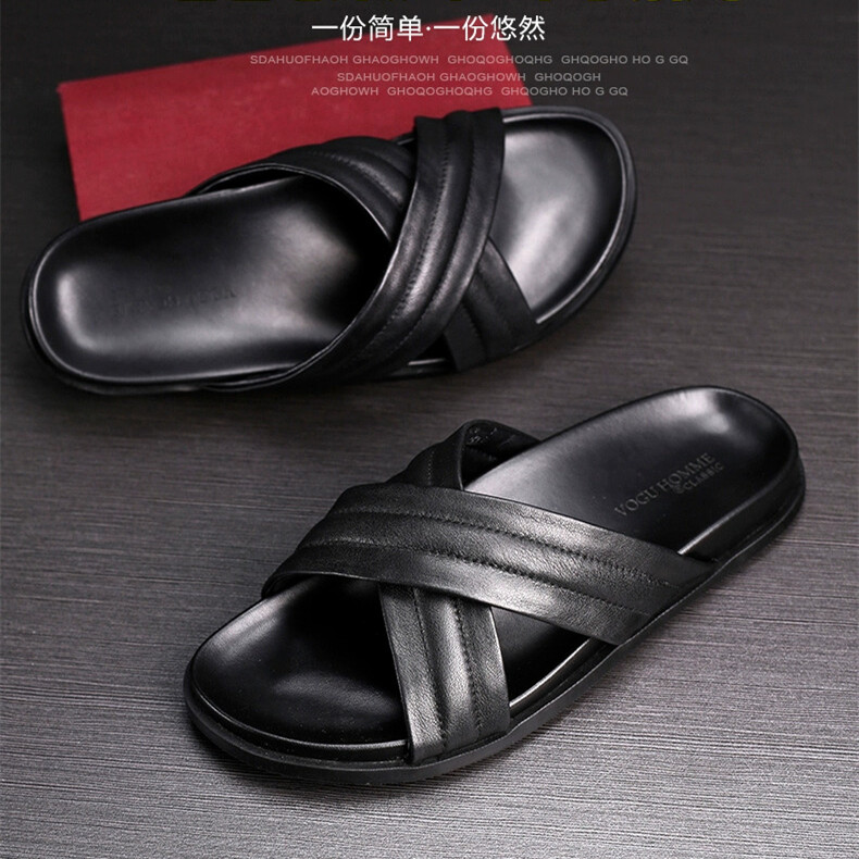 Slippers Slip On Sandal Open Toe Real Leather Mens Shoes Flat