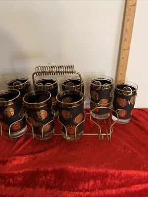 VTG Atomic Starburst MCM Black Gold Set Of 8 Glasses with Goldtone Caddy
