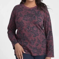 CJ Banks Size 1X Burgundy Floral Print Thermal Knit Top, long sleeve NWT