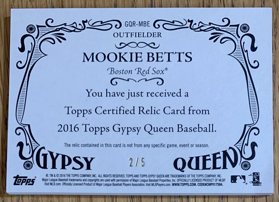 Mookie BETTS🔥2016 Topps Gypsy Queen Red Patch Relic #GQR-MBE 2/5 NM Red Sox📈 - Image 2 of 3