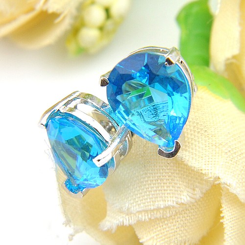 Xmas Multi Stones Gorgeous Sky Blue Topaz White Zircon Silver Stud Earrings - Picture 2 of 6