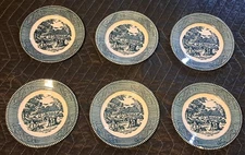 Currier and Ives Vintage Royal Blue & White 6 1/2" Bread Plate Lot of 6