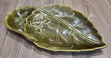 Vtg Green Leaf Shaped Food + Dip Platter Dish by THE CELLAR 2001 Macys 13" x 8"
