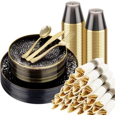 175pcs Black Gold Plastic Plates - Black Plastic Dinnerware Set Includes 25 D...