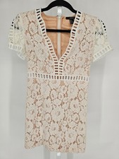 Forever 21 Womens Sz S Mini Dress Beige Cream Lace Short Sleeve Babydoll