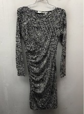 BOSS Hugo Boss Women's Black White Abstract Ruched Long Sleeve Jersey Dress Sz S
