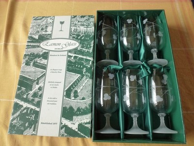 Eamon Glass Dublin 6 Wine Glasses  Shamrock  Pattern  Hand cut in Ireland