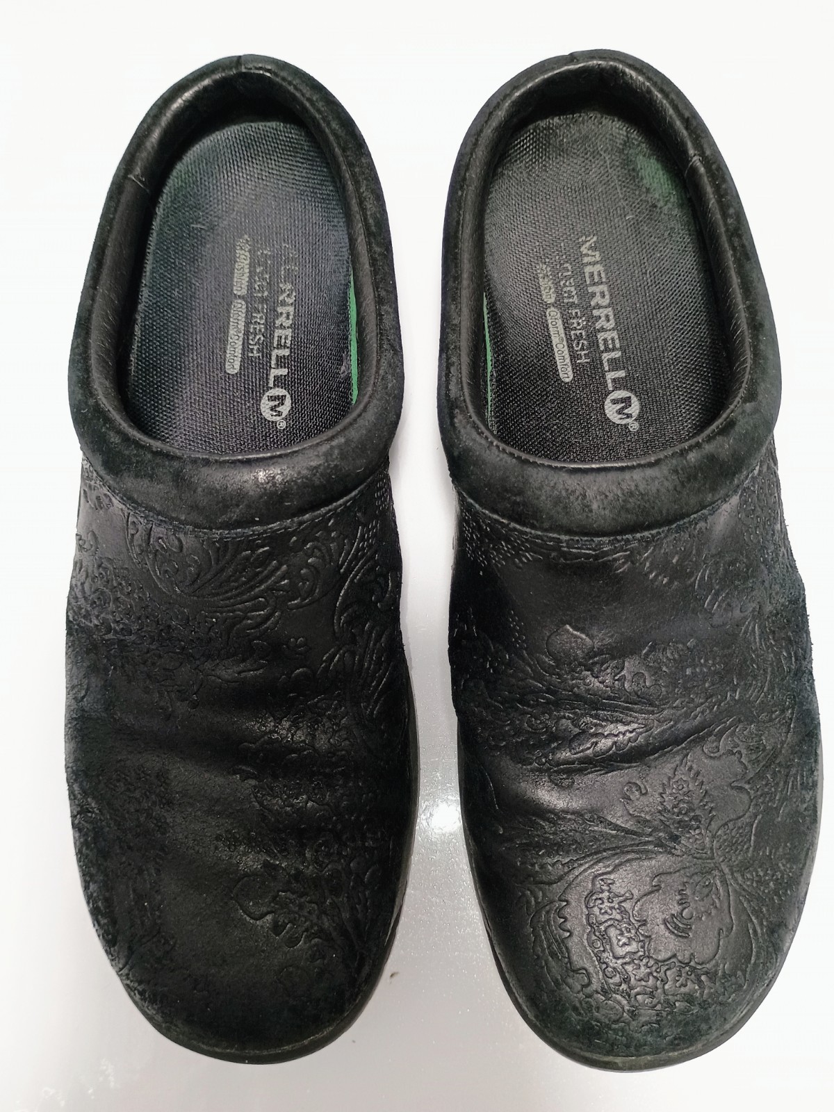 Zoccoli da lavoro Merrell neri in pelle goffrata floreale antiscivolo fondo taglia 8