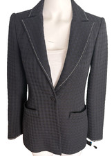 Chanel Uniform Jacket Wool Blend Silk lining Black Blue Size 38/6 Made In France