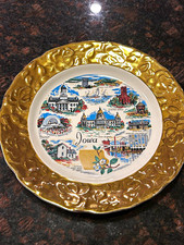 Vintage Crowncroft Iowa Souvenir Plate Gold Embossed Rim Made in USA