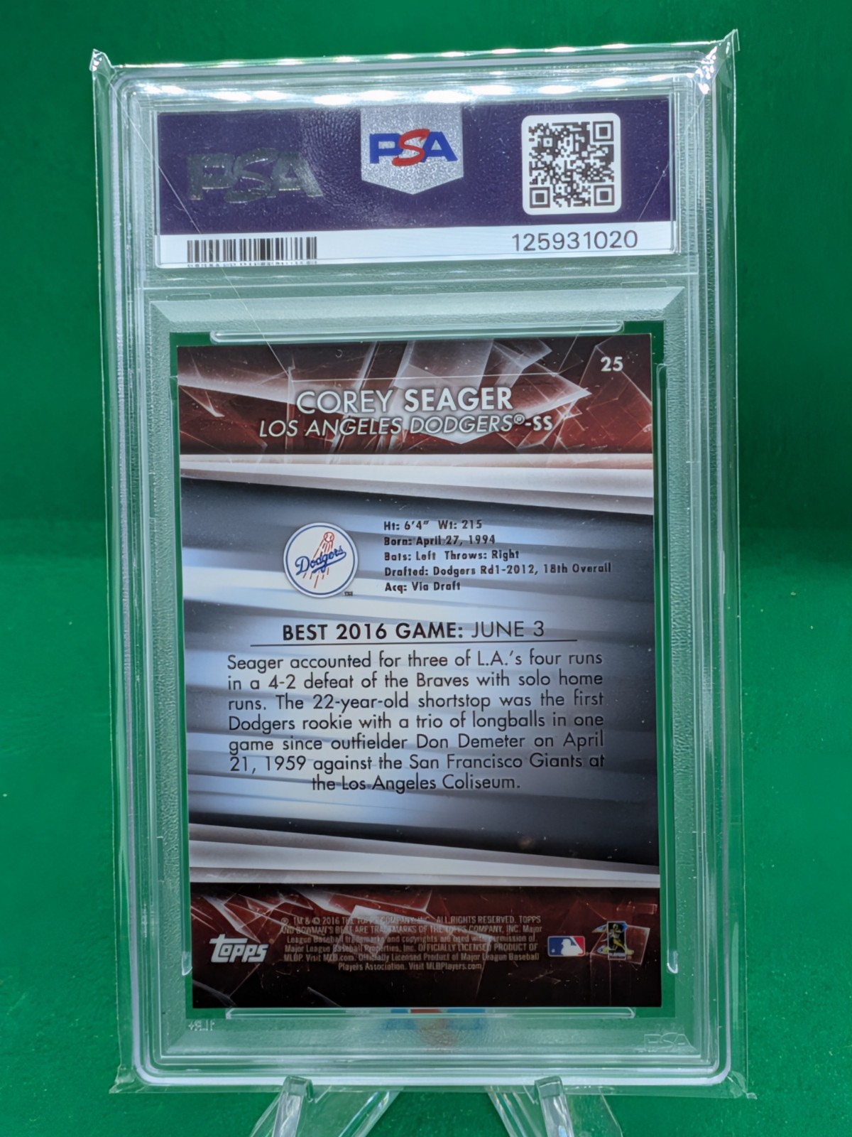 Corey Seager 2016 Bowman’s Best Green Refractor RC /99 PSA 9 view 2