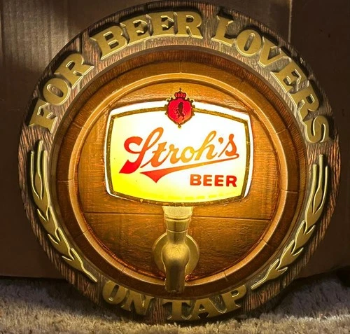 VINTAGE STROH'S BEER BARREL & FAUCET 3D LIGHTED SIGN-ALE-ON TAP-FOR BEER LOVERS