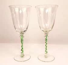 2 Pier 1 Wine Water Glasses Green Ribbon Swirl Hand Blown Stem Glasses 8.25"