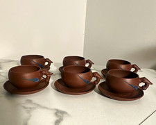 Yi Xing Yixing clay Chinese signed tea set for 6 Brown/Blue Decorated