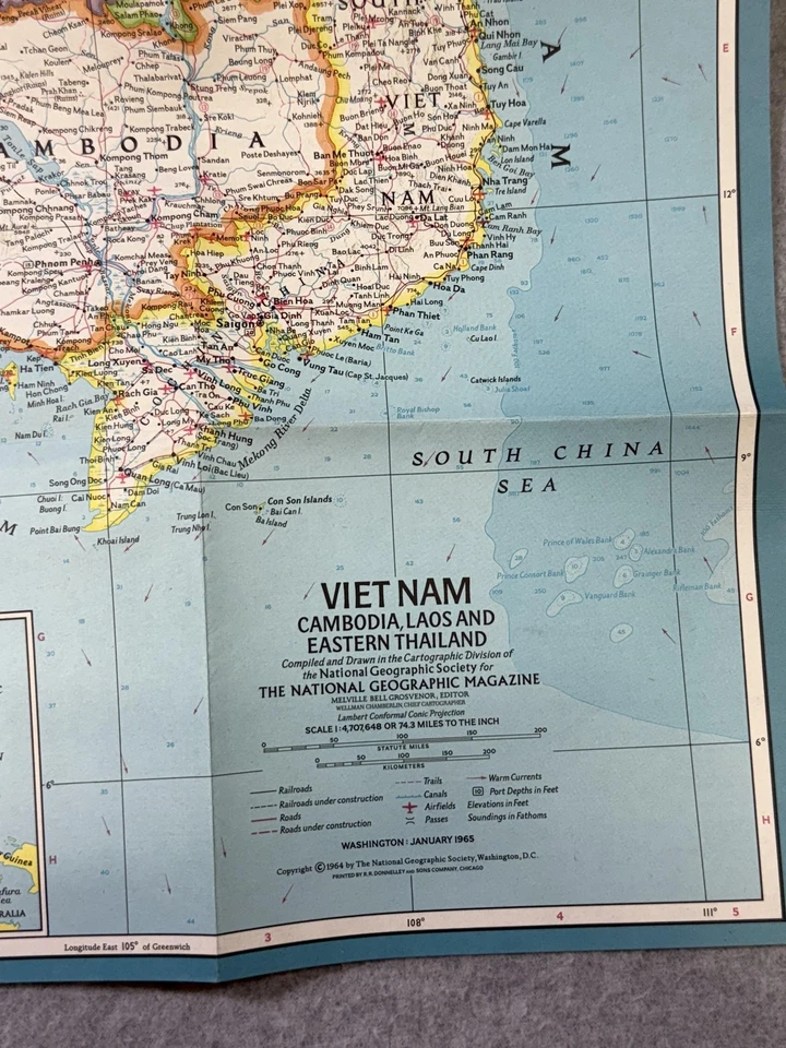 Винтажная раскладная карта 1965 National Geographic Вьетнам Камбоджа Лаос Таиланд - Изображение 3 из 4