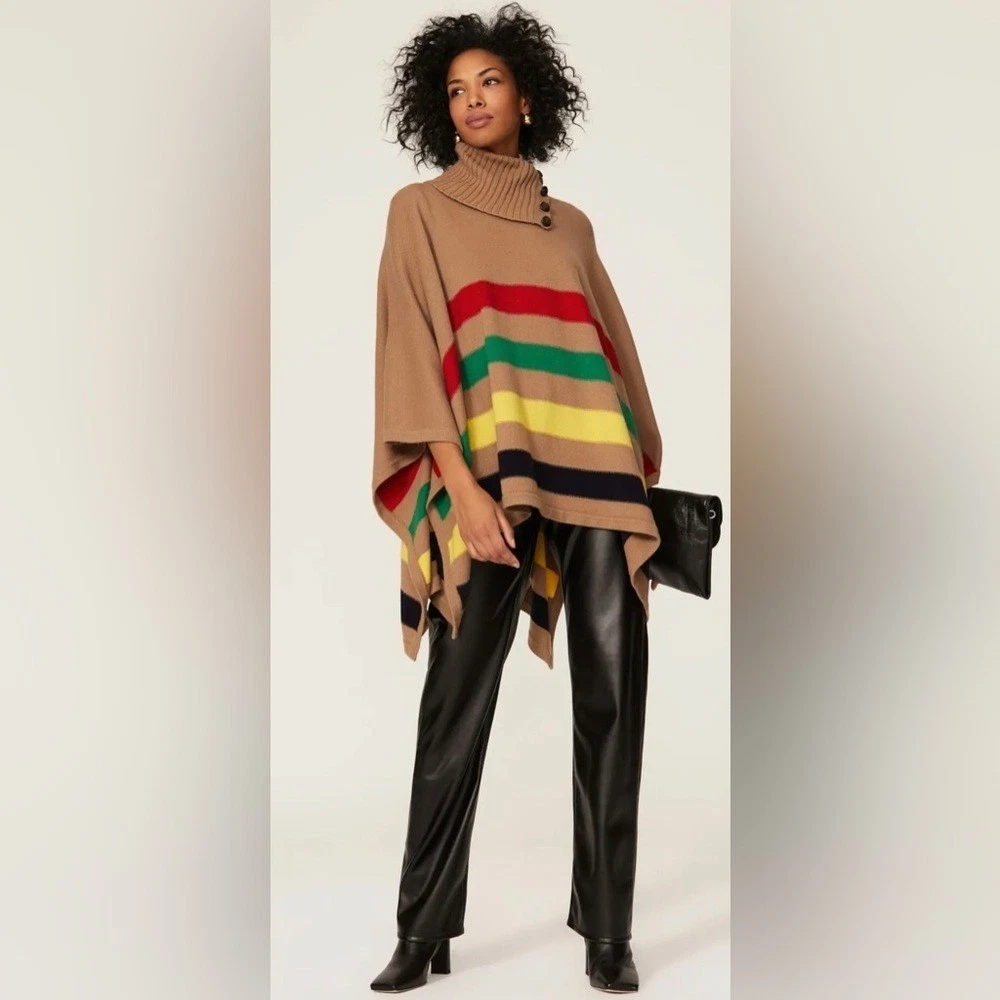 Lauren Ralph Lauren Poncho Women Small Medium Tan Multi Stripe Button Wool Blend
