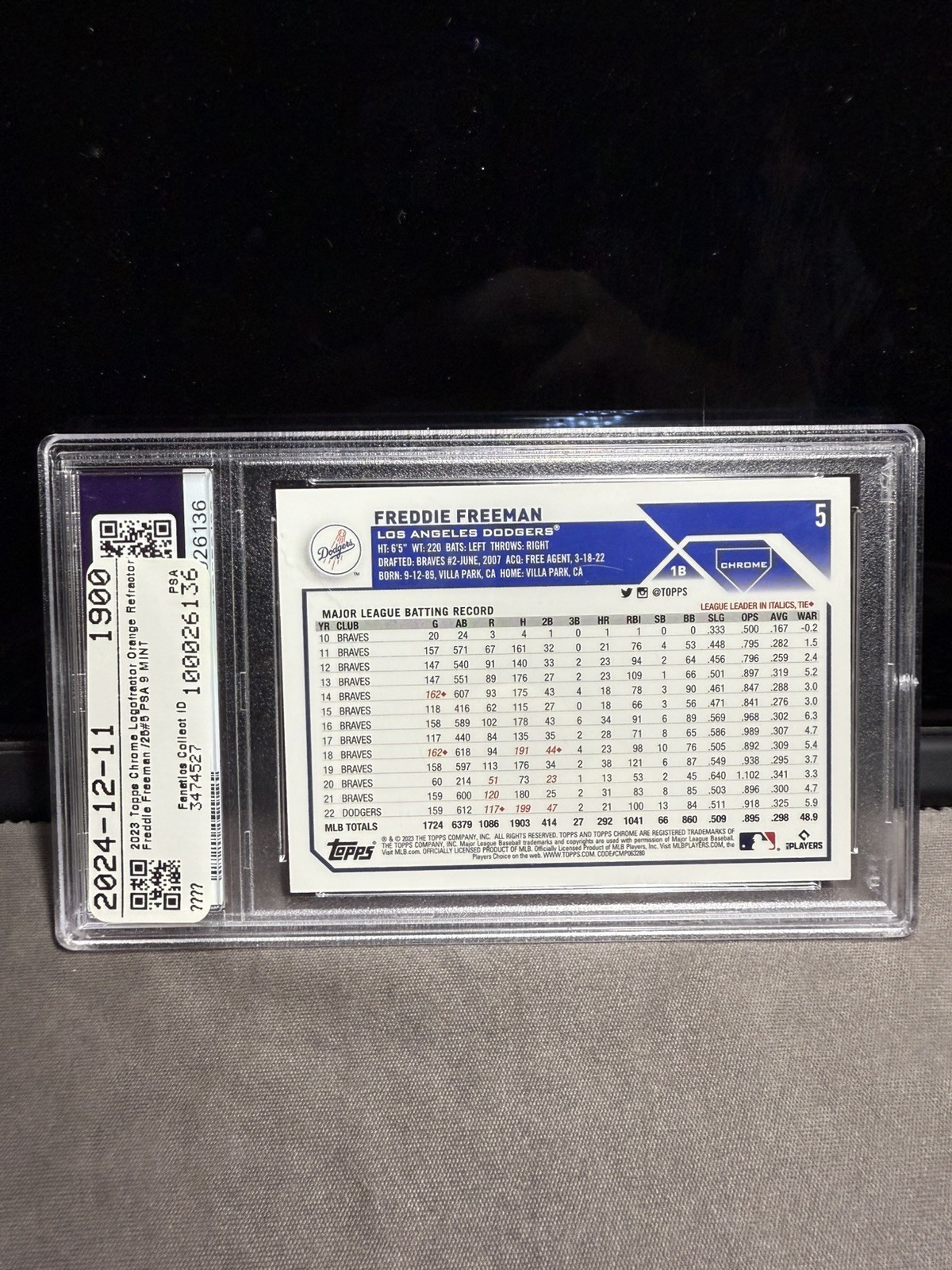 2023 Topps Chrome Logofractor Freddie Freeman Orange Refractor /25 PSA 9 Dodgers view 2