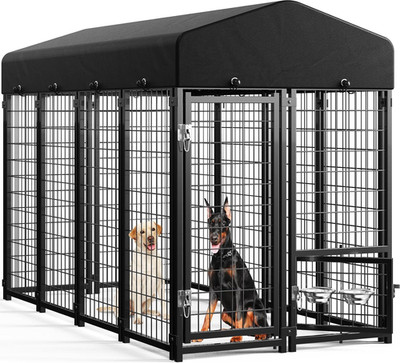 Outdoor Dog Kennel outside Run with Doggy Door, Swivel Feeder&Roof - 8X4X6Ft Lar