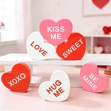 6 PCS Valentines Heart Decor Wooden Table Centerpiece Red White Pink