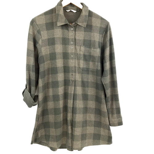 Soft Surroundings Shirt Womens PM Green Mad About Plaid Fleece Roll Tab Sleeves