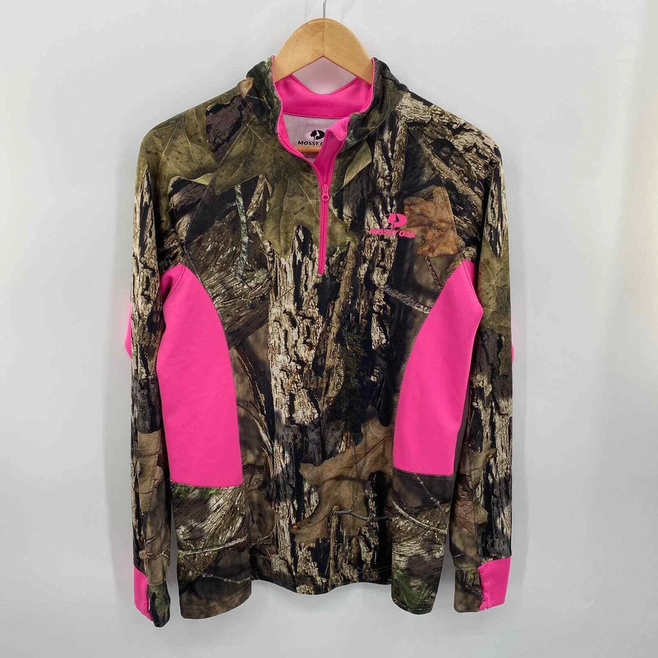 Mossy Oak 1/4 Zip Baselayer Shirt Womens Medium Green Pink Camo Print Polyester - Image 2 of 4