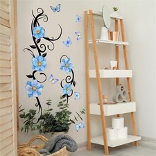 Blue Flower Vine Butterfly Wall Stickers, sacinora Floral Art Wall Decals Rem...