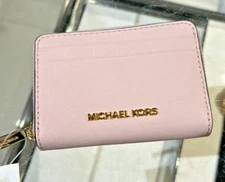 Michael Kors Women Medium Zip Around Card Case Coin Pouch Wallet Powder Blush