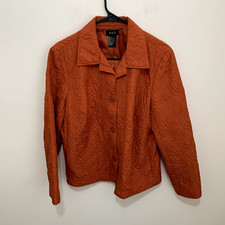 R. Q. T Orange Quilted Jacket Floral Womens Size L Collared Front Button Ooak