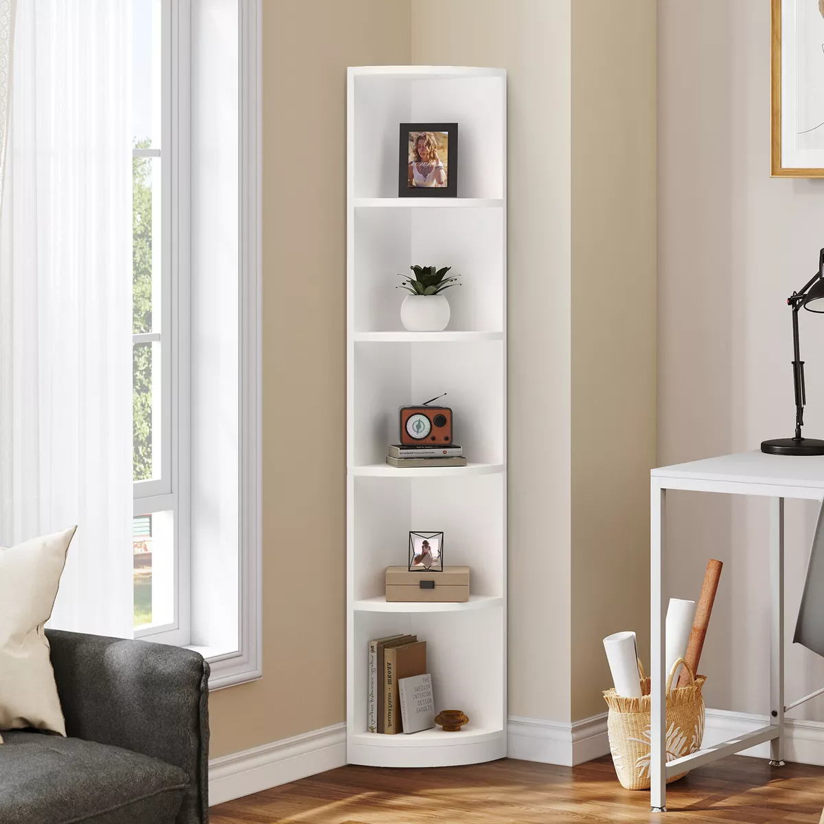 5-Tier Corner Shelf 71 Tall Modern Bookcase Bookshelf Open Storage Rack  White