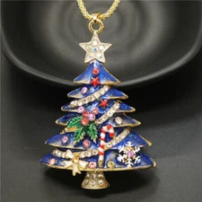 Fashion Women Cute Blue Enamel Christmas Tree Crystal Pendant Chain Necklace