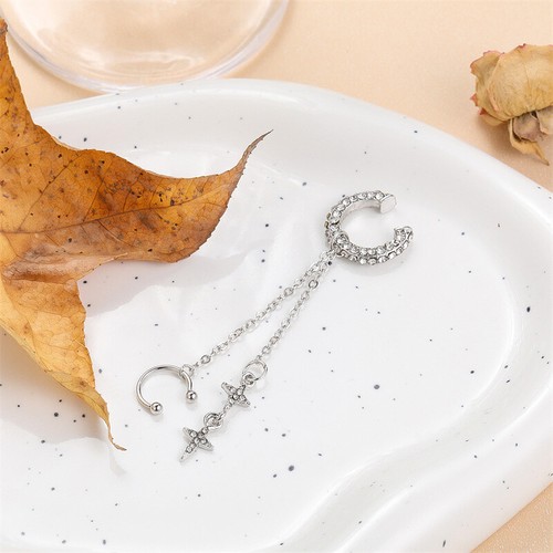 Silver Color Crystal Tassel Non-Piercing Cuff Ear Clip Rhinestone Star Earring - Bild 6 von 7