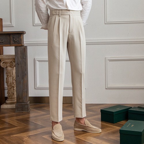 Summer Men British Casual Pants Pleated Pants Straight Trousers Dress Pants  | eBay