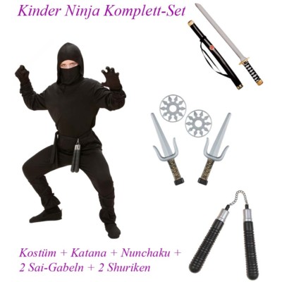 NINJA KOSTÜM KOMPLETTSET KINDER Karneval Schwert Wurfstern Dolch Waffe Junge N11