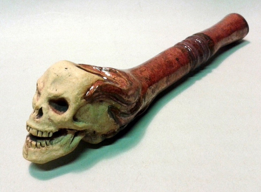 Large Skull Ceramic Smoking Pipe - Handmade Studio Pottery