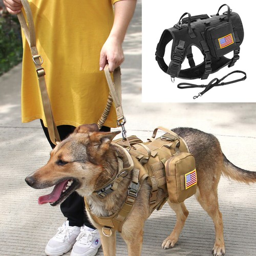 No Pull Tactical Dog Harness/Lead/2 Pouches/3 Patches Military Molle Vest S M L - Picture 9 of 32
