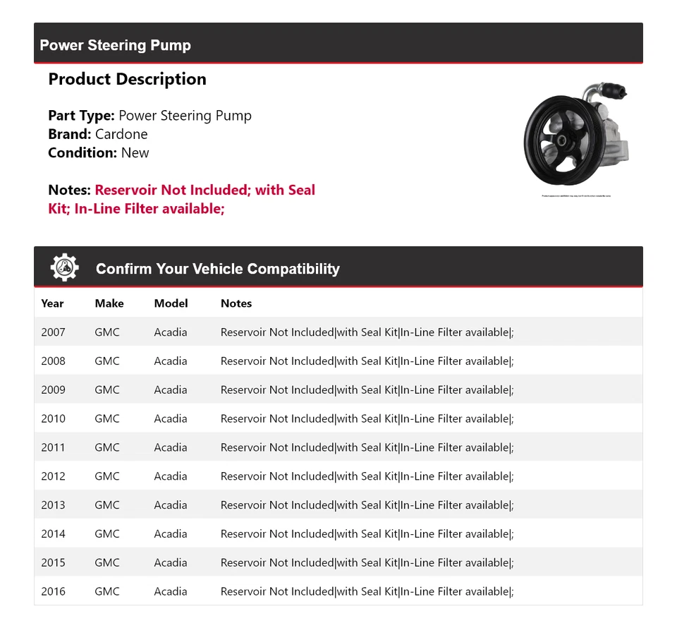 Bomba de dirección asistida Cardone para GMC Acadia 2007-2016 2008 2009 2010 2011 2012 Foto 2 de 4