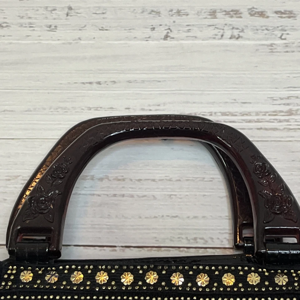 Bolso de Mano Vintage con Cuentas Multicolor Mango de Baquelita Negro Patente Fondo Corea Foto 3 de 4