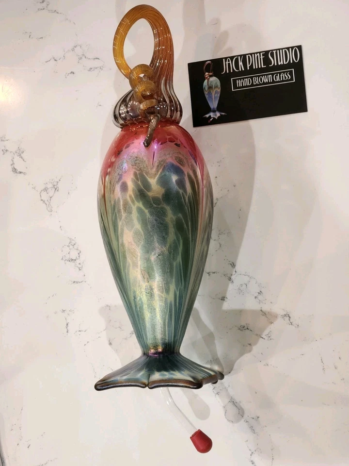 Jarrón jarra de vidrio artístico iridiscente firmado por Jack Pine Studios 2016 soplado a mano Foto 3 de 4
