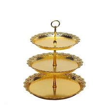 Gold 15" Plastic 3 Tier Metallic Round Cupcake Display Tower Lace Cut Rim Party