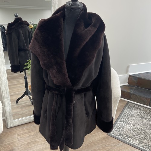 Alen Cooper Merino Lamm Wildleder Lammfell für Jacke Kapuze mit Gürtel schokobraun - Bild 4 von 13