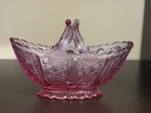 Fenton Rose Daisy & Button Glass Basket with a Split Twig Handle
