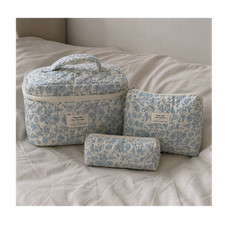 today mood Floral Makeup Bag Set Blue White Fabric Zipper Handle 3 Pieces