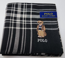 POLO Ralph Lauren Bear Embroidered Scarf Black 49cm Cotton Hankie cotten