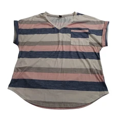 Shein Pink Gray Striped V-Neck Pocket T-Shirt Top Women Size XL 12 Short Sleeve 