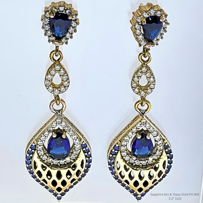 Handgefertigte blaue Saphir weißer Topas Ohrhänger vergoldet 925 Sterling 2,2''