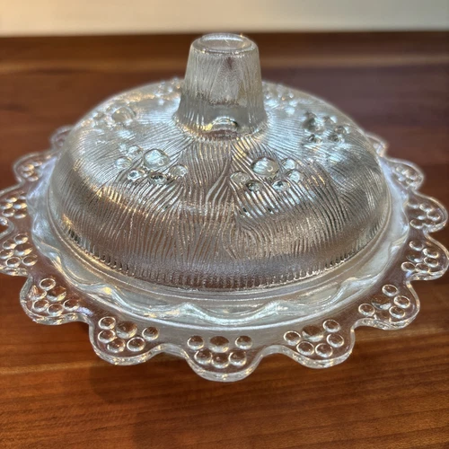 VTG Indiana Depression Frosted Glass Round Beaded Lace Edge Candy Dish W/Lid