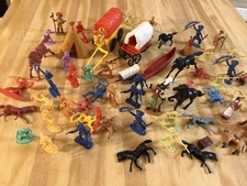 Mixed Lot Of 64 Cowboys Indians And Horses Wagon Canoe Teepee Plastic Toys