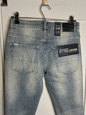 NWT Serenede Franchise Rhinestone Blue Fitted Denim Distressed