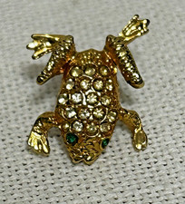 Frog Lapel/Hat Pin Faceted Faux Gems Green Eyes in Gold Color Setting Sparkle